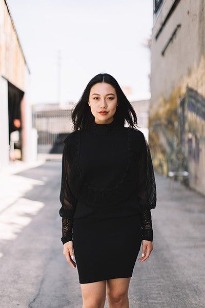 High Neck Lace & Knit Mini Dress