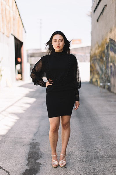 High Neck Lace & Knit Mini Dress