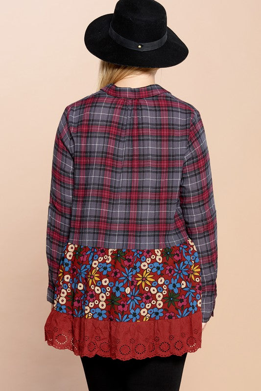 Plaid & Floral Lace Tiered Tunic Shirt