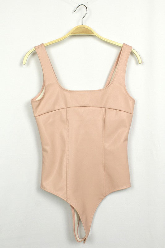Women's Vegan Leather Squareneck Bodysuit in Rose Pink