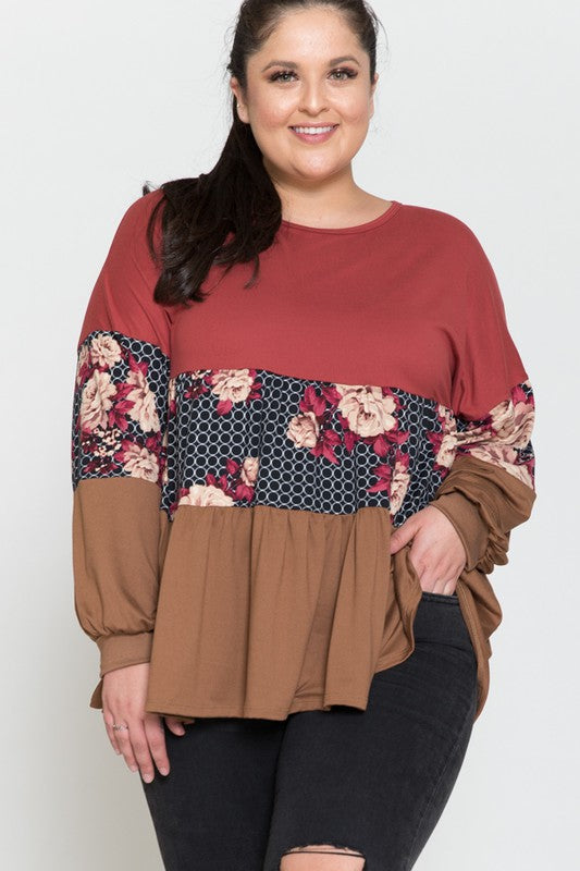 Colorblock Floral Printed Ruffle Top