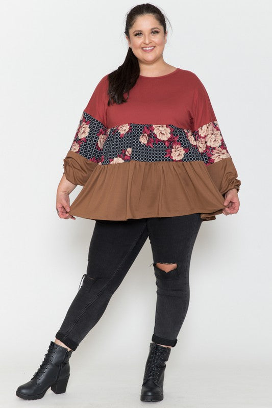 Colorblock Floral Printed Ruffle Top