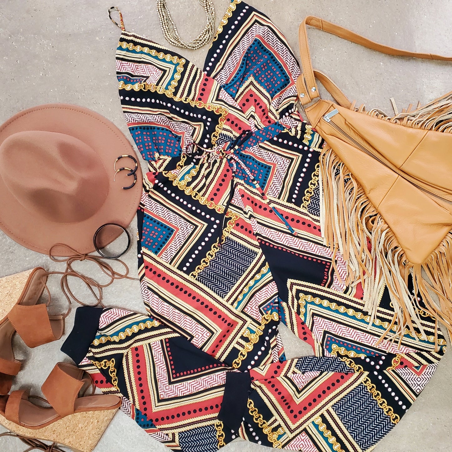 Border Print Wrap Jumpsuit