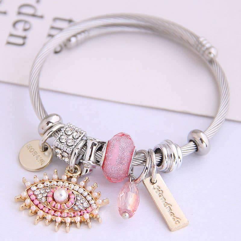 Pink Beaded Rhinestone Eye Charm Bracelet - Taffycat's