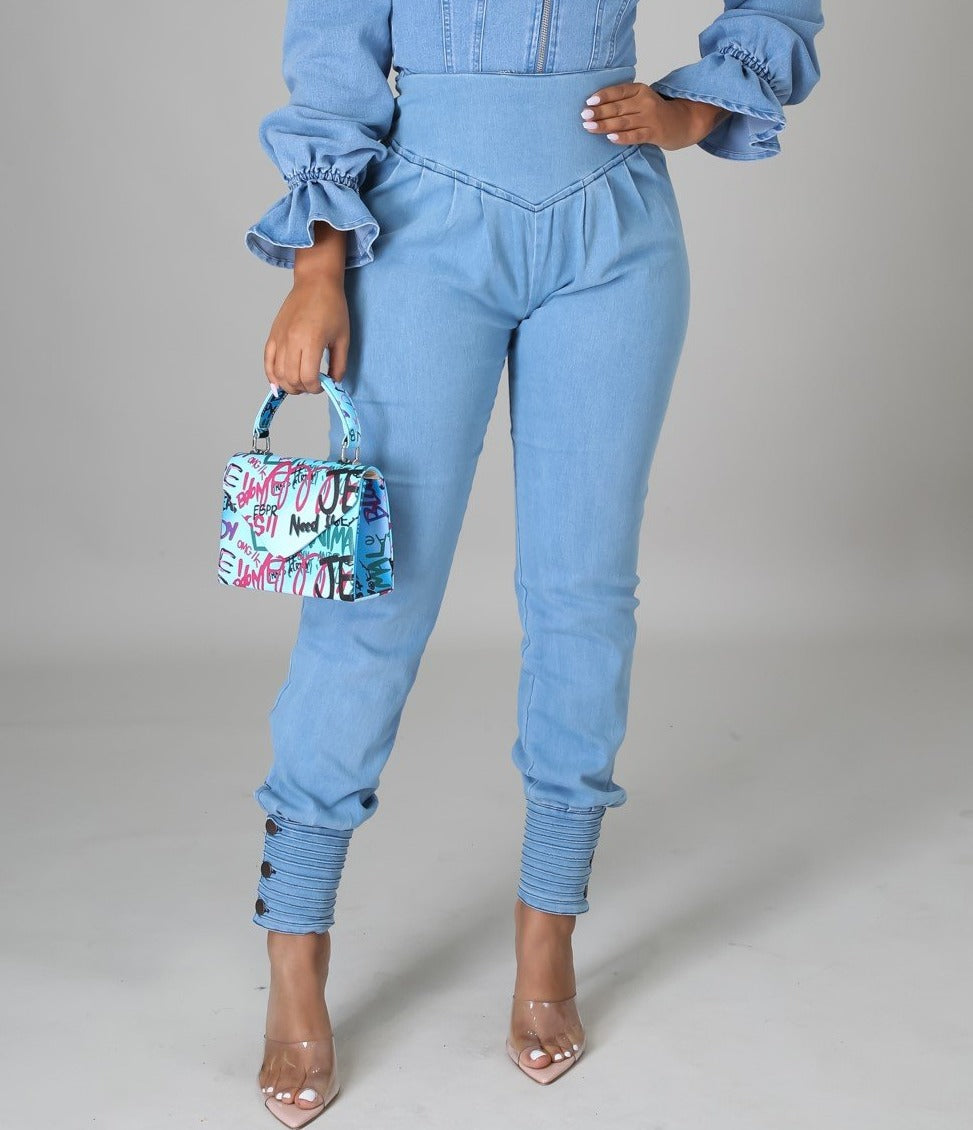 Light blue Denim Button Cuffed Pants Fancy Joggers