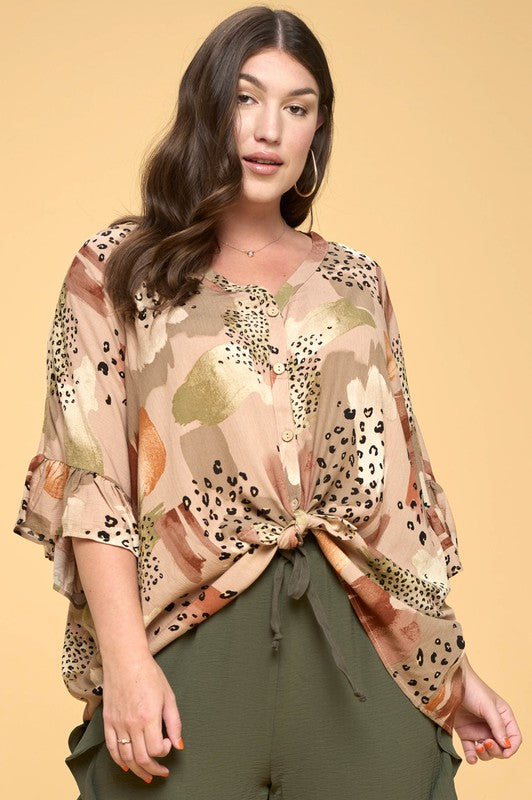 Geo Printed Tunic Top with Olive Green Ruffle Joggers