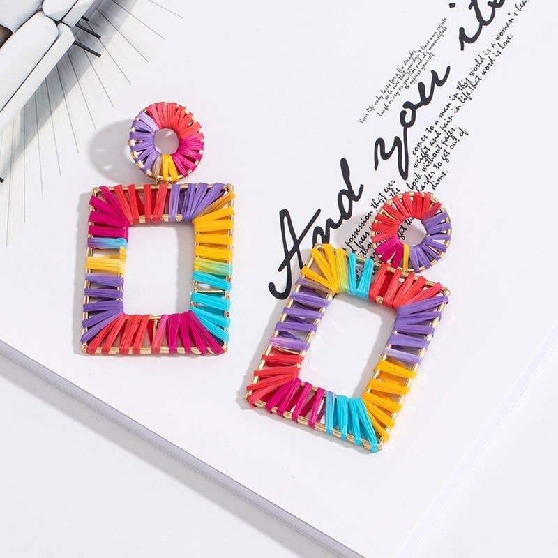 Emi Raffia Wrapped Gold Rainbow Bright Rectangle Earrings - Taffycat's