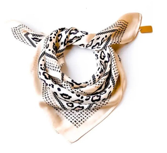 Creme & Satin Leopard Print Square Scarf