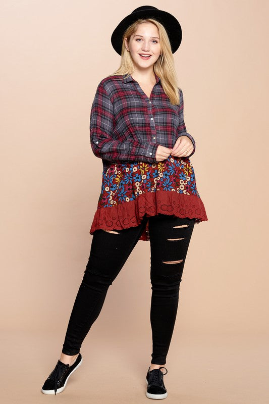 Plaid & Floral Lace Tiered Tunic Shirt