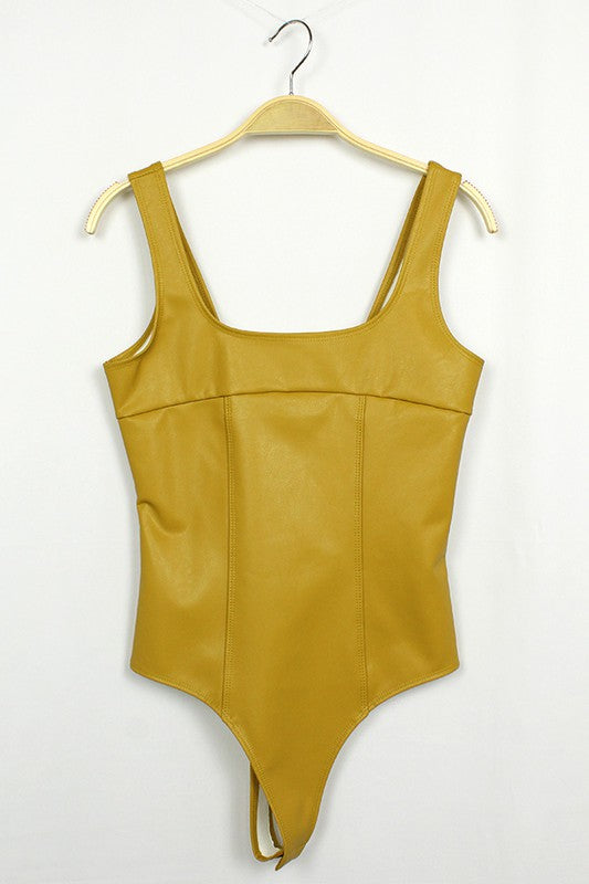 Women's Vegan Leather Squareneck Bodysuit in Mustard Yellow