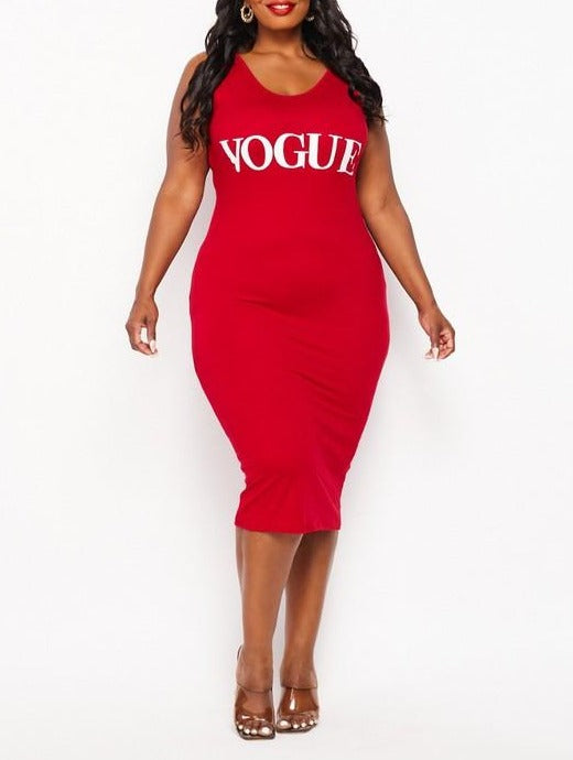 Screen printed, cranberry red Vogue Midi Dress