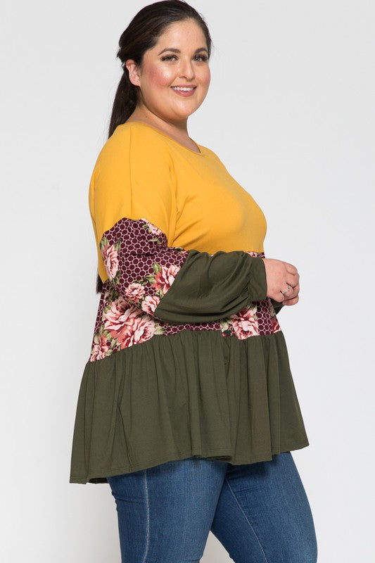 Color Blocked Floral Printed Ruffle Top