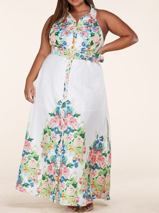 L'Atiste Floral Gardens Mock Neck Button Down Maxi Dress in white with multicolor floral print
