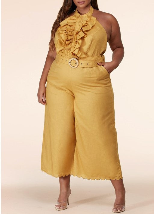 Tall girl friendly Mock Neck Frilly Jumpsuit with cropped Scalloped hem trousers 