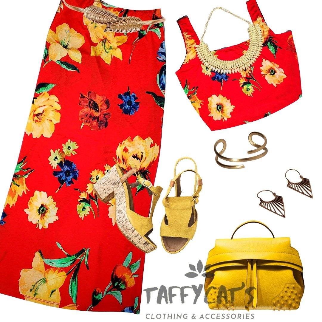 Red Floral Cami Crop & Skirt Set - Taffycat's