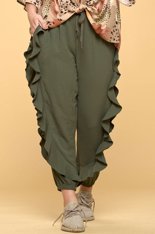 Ruffled Jogger Pants in Olive Green