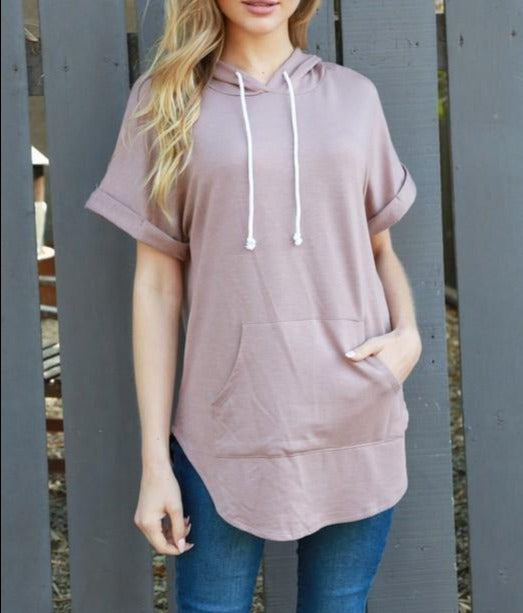 Taupe Drawstring Hoodie Short Sleeved Tunic Clearance Final Sale- Taffycat's