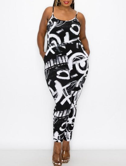 Abstract Black and White print stretch Jumpsuit