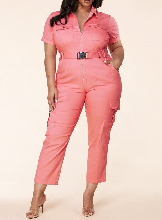 Coral Pink Cropped Leg Cargo Jumpsuit with pockets and detachable belt